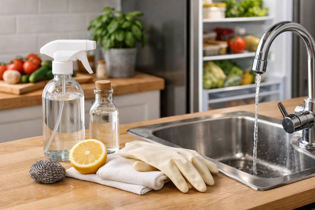 Vinaigre blanc dans la cuisine, désinfecter plan de travail, frigo et évier naturellement